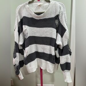 BiBi Gray and White Distressed V-Neck Sweater